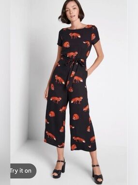 ModCloth Black Fox Print Wide-Leg Jumpsuit